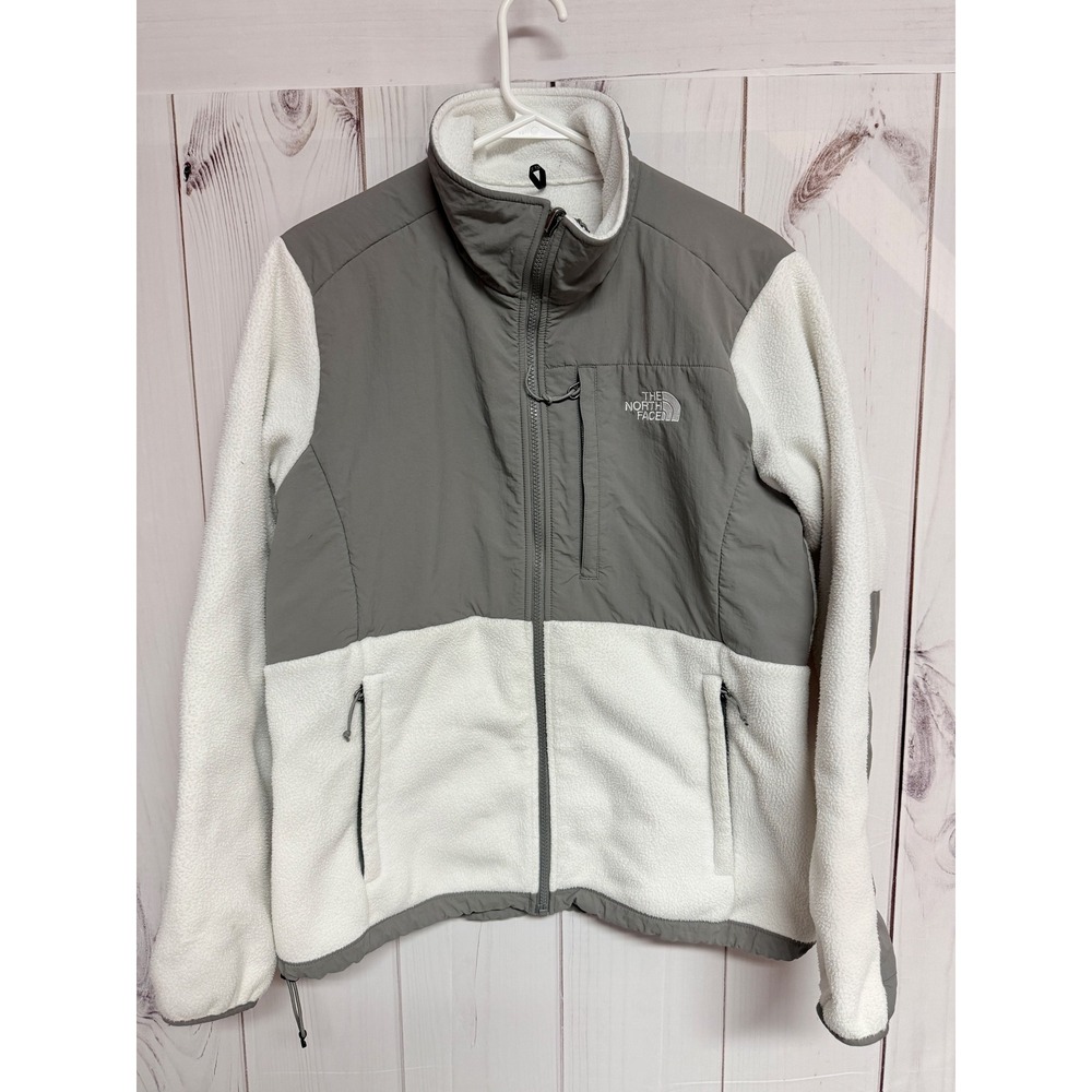 The North Face Denali Jacket Women's L White Gray Fleece Full Zip EUC